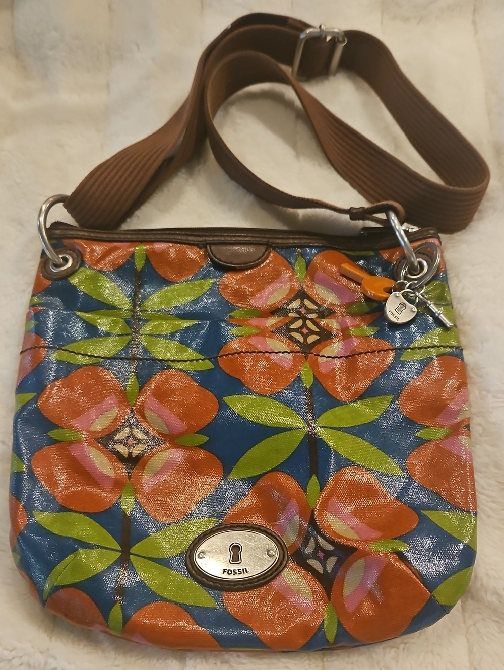 Fossil Key-Per Blue Floral Pattern Crossbody Bag with Brown Strap